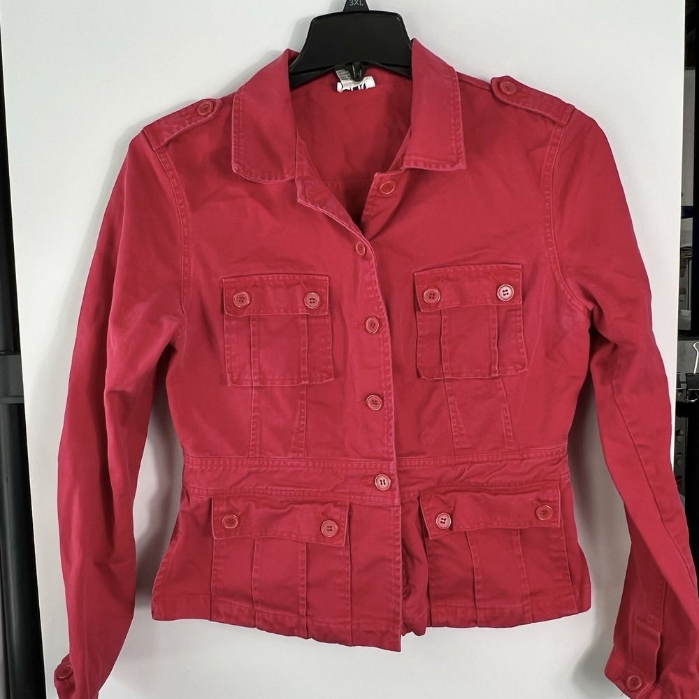 Vintage CLIO Womens Size 12 Red Utility Jacket Military Button Pockets Cotton